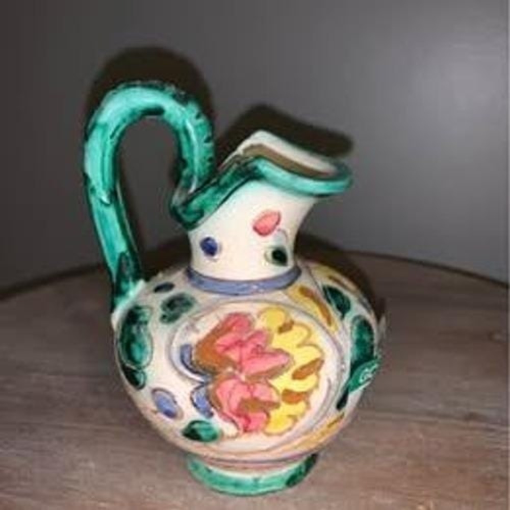 Vintage Italian Majolica Hand Painted Floral Ceramic Pitcher Green Handle